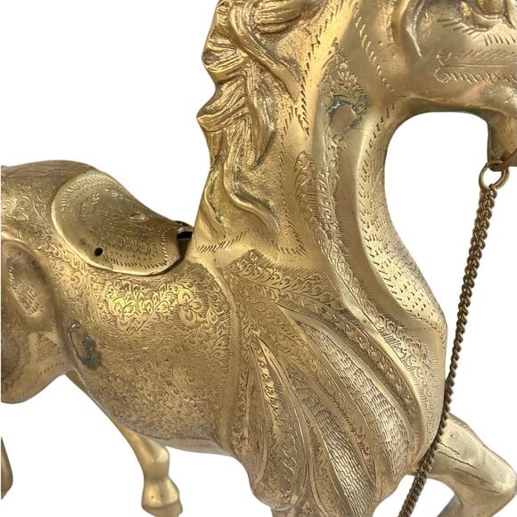 Large 15” Hand-Engraved Solid Brass Horses – Heavy Vintage Decor (Pair) - Picture 6 of 6